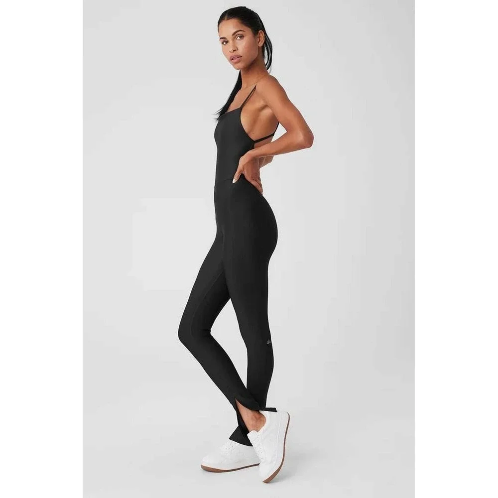 Alo Yoga Black Airlift Disco‎ Daze Onesie Flare Leg Bodysuit Medium W8140R